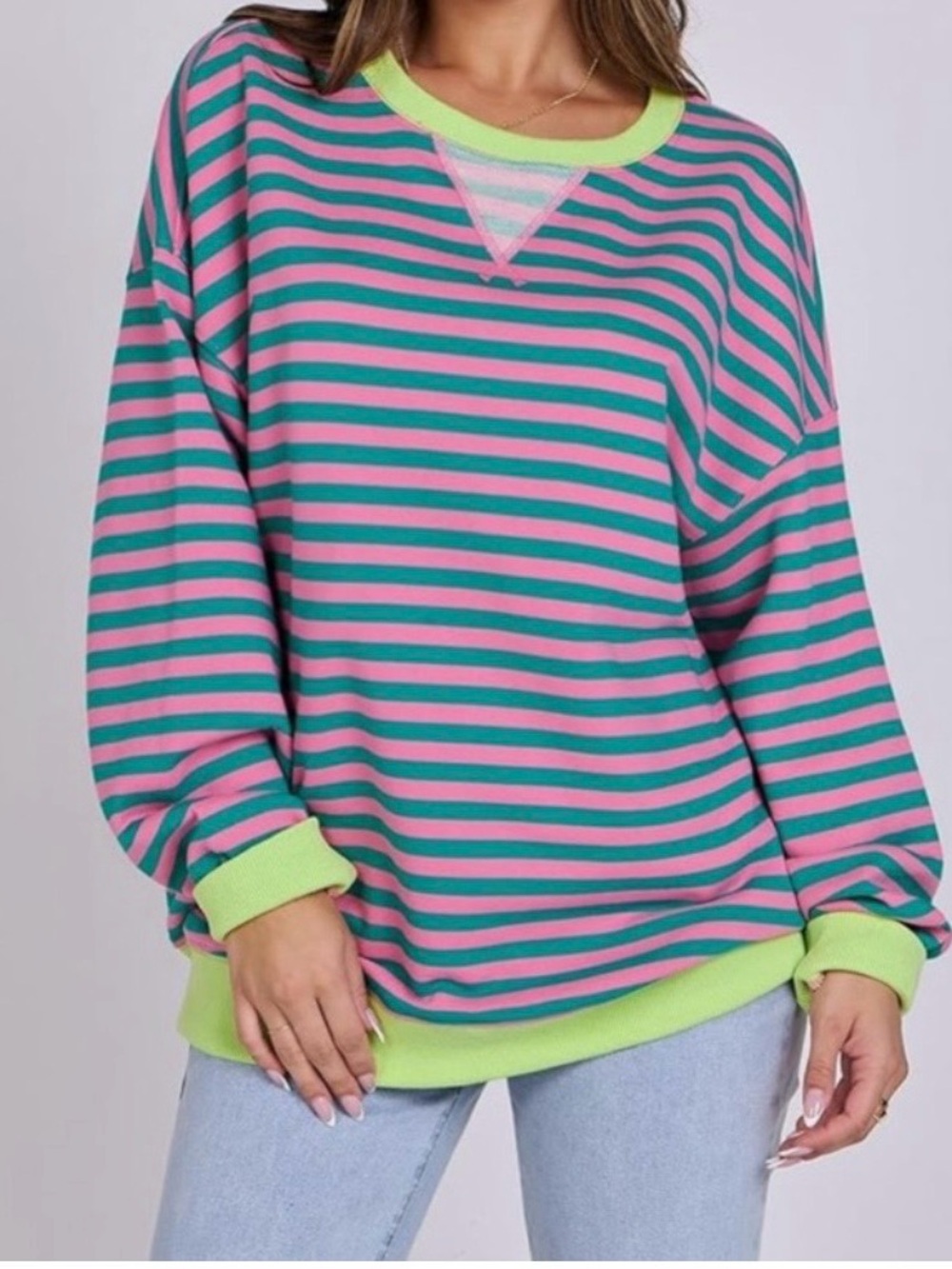 Women's Pink & Teal/Green Striped Crewneck Sweat Shirt Style Size M NWT